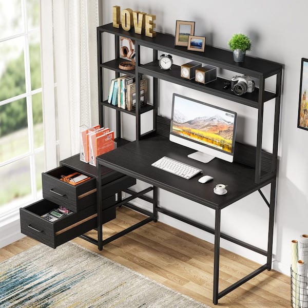 Moronia 55.1 in. Rectangular Black Engineered Wood 2-Drawer Computer Desk with Hutch and Shelves