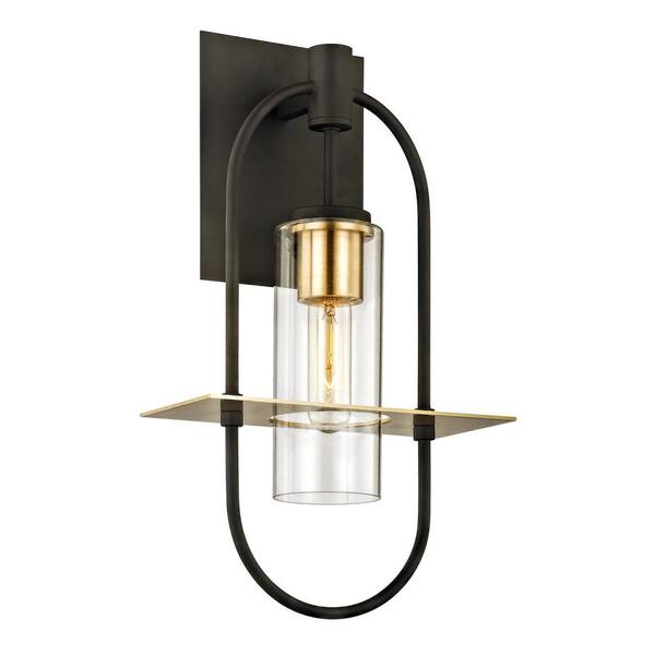 Troy Lighting Smyth 1-Light Dark Bronze 17.5 in. H Outdoor Wall Lantern Sconce with Clear Glass