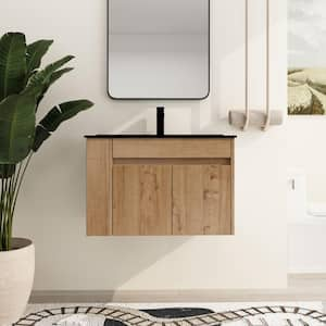 30 in. W x 18.3 in. D x 19.7 in. H Single Sink Wall-Mounted Bath Vanity in Light Brown with Black Ceramic Vanity Top