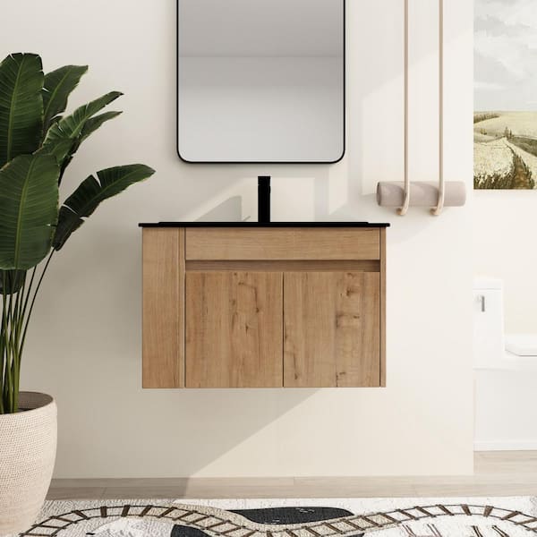 ARTCHIRLY 30 in. W x 18.3 in. D x 19.7 in. H Single Sink Wall-Mounted Bath Vanity in Light Brown with Black Ceramic Vanity Top