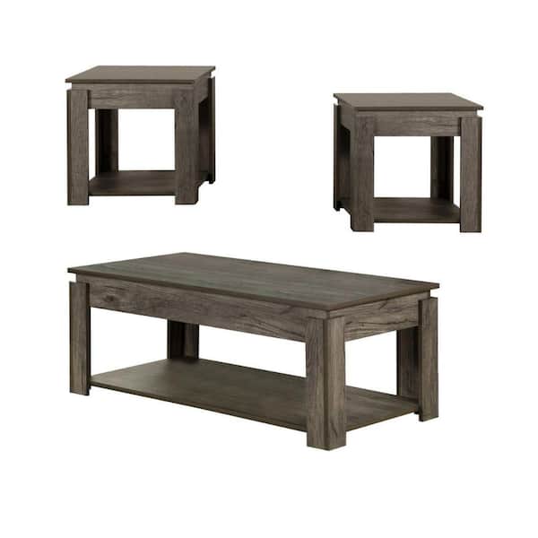 Benjara 21.75 in. Gray Rectangular Wood Top Coffee End Table with Raised Tops (Set of 3)