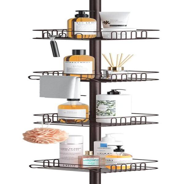 BAOYOUNI 4-Tier Shower Corner Caddy – Adjustable Tension Pole Shelf For Bathroom, Floor To Ceiling, No Drilling Needed, Black