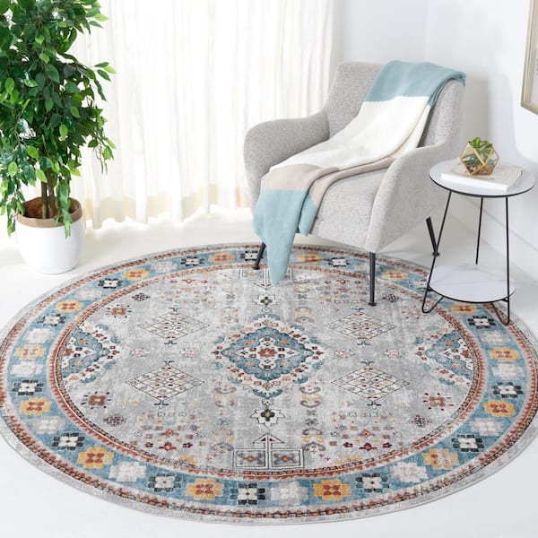Bayside Light Grey/Blue 7 ft. x 7 ft. Machine Washable Border Medallion Round Area Rug