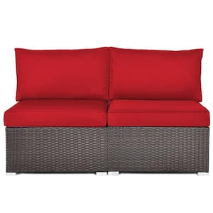 2-Piece Wicker Outdoor Sectional Rattan Armless Sofa Chair with Red Cushions