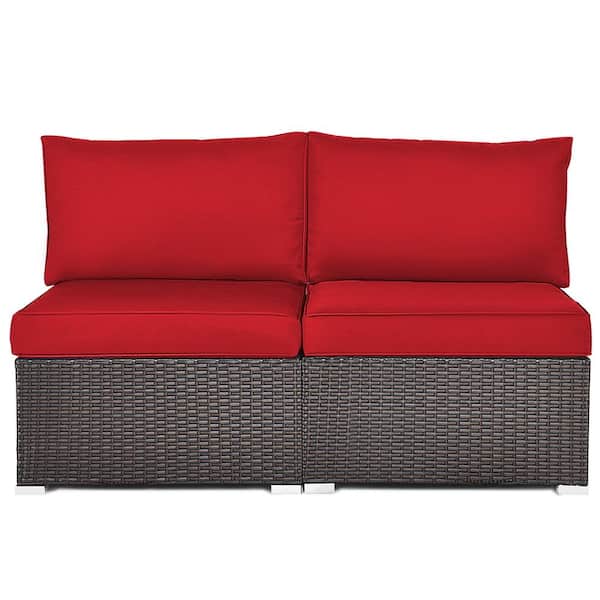 HONEY JOY 2-Piece Wicker Outdoor Sectional Rattan Armless Sofa Chair with Red Cushions