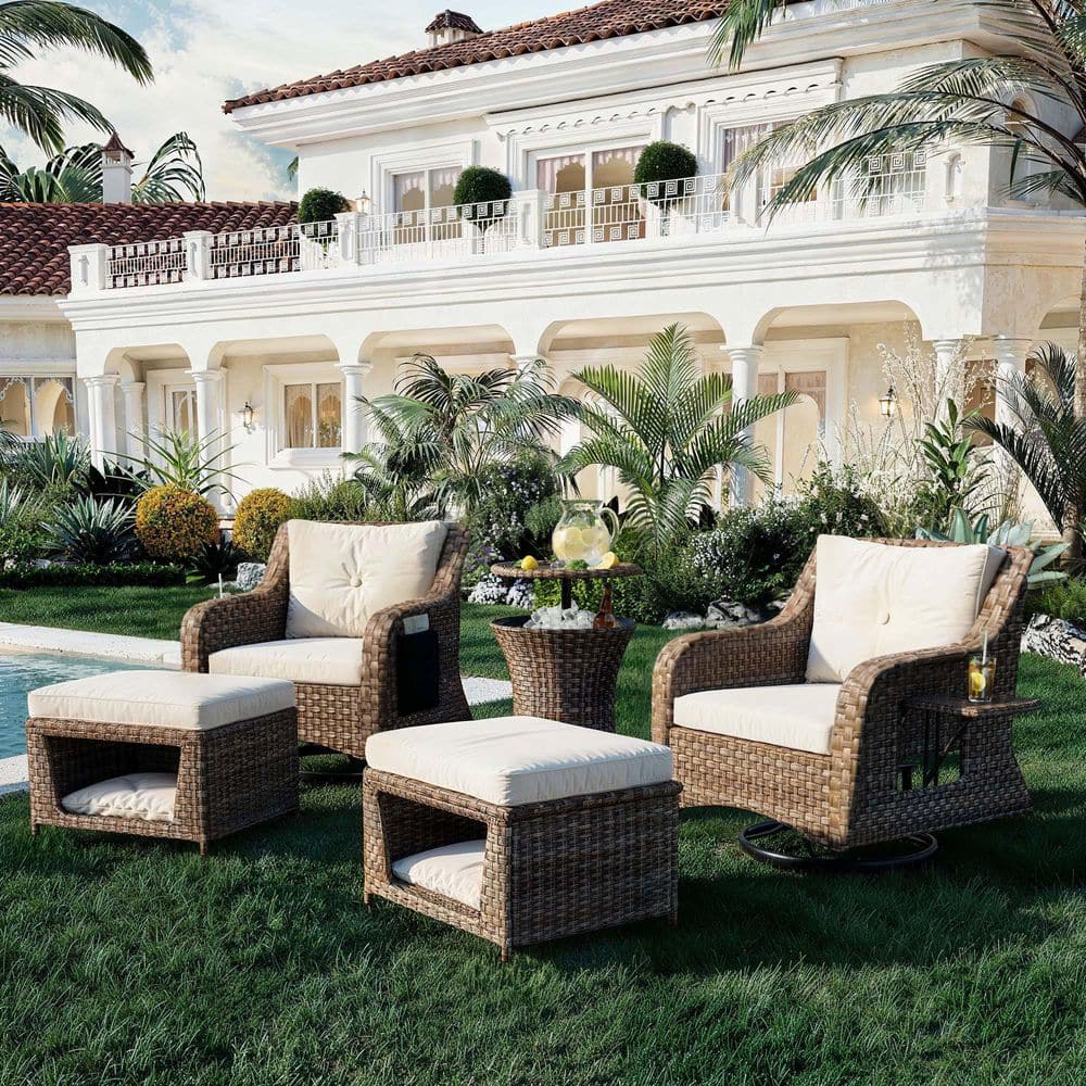 5-Piece Outdoor Wicker Patio Conversation Set with Retractable Side Tray/Sw