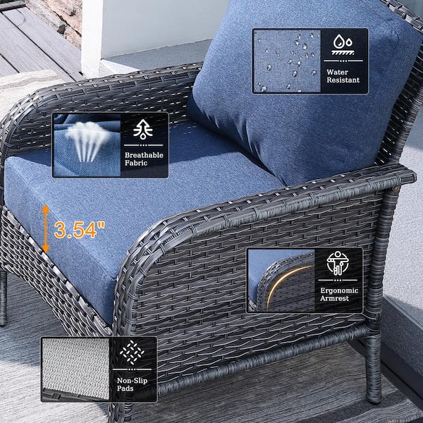 Toject - Denali Gray 4-Piece 4-Seat Wicker Modern Outdoor Patio Conversation Sofa Seating Set with Denim Blue Cushions