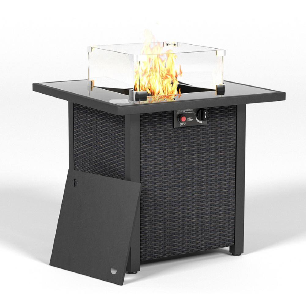 Black 28 in. Propane Fire Pit Table 50000 BTU Gas Firepits Tempered Glass Tabletop with Glass Windscreen Protector