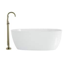 Signature 59 in. x 30 in. Soaking Bathtub with Reversible Drain in White and Round Tub Filler in Brushed Bronze