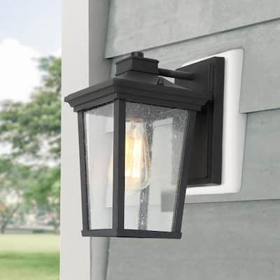 1-Light Black 11 in. H Square Patio Decorative Outdoor Metal Caged Wall Lantern Sconce with Seeded Glass LED Compatible