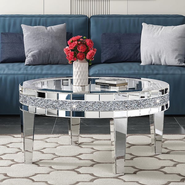 Silver 35.5 in. W x 17.7 in. H Round Full Length Mirror Glass Coffee Table with Mirrored Diamond Inlay