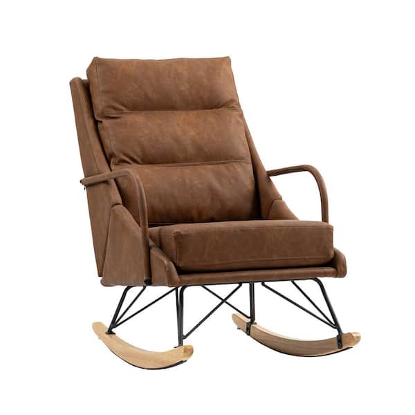 Modern Brown Leather Upholstered Glider Rocking Chair with Padded Seat and High Backrest