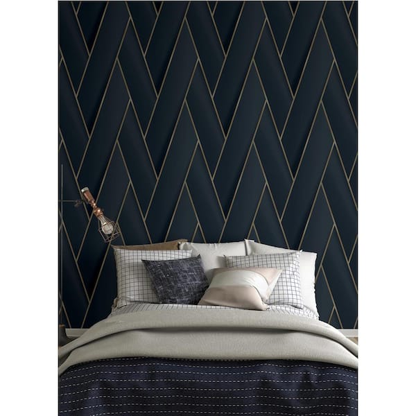 Blue Manfred Navy Modern Herringbone Vinyl Non-pasted Metallic Wallpaper