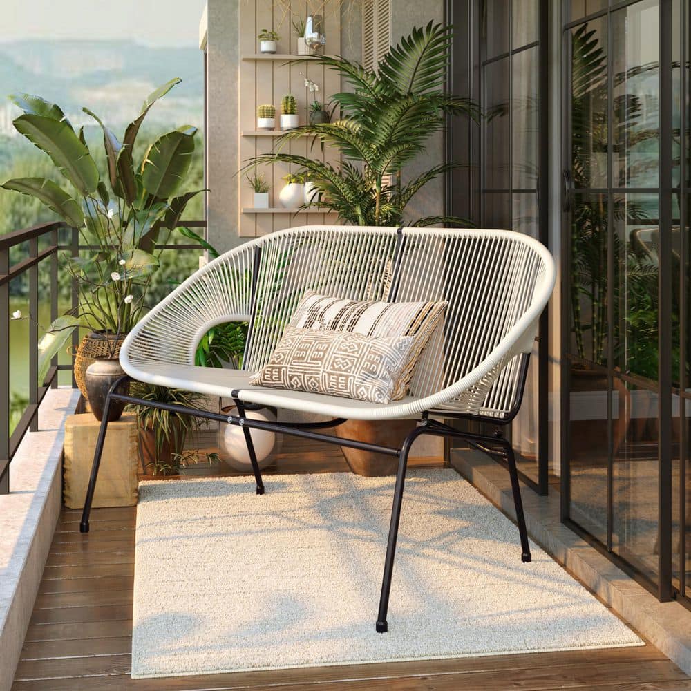 White Wicker and Metal Two-Seater Outdoor Loveseat