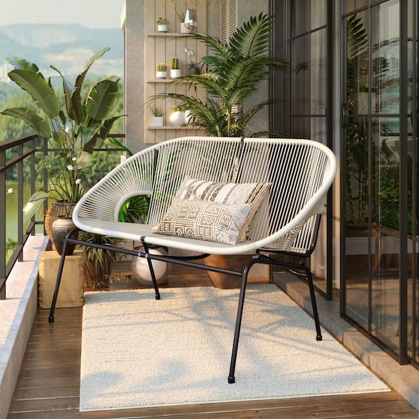 CHRISTOPHER KNIGHT HOME Condessa 52 in. 2-Person White Faux Rattan and Metal Outdoor Patio Bench