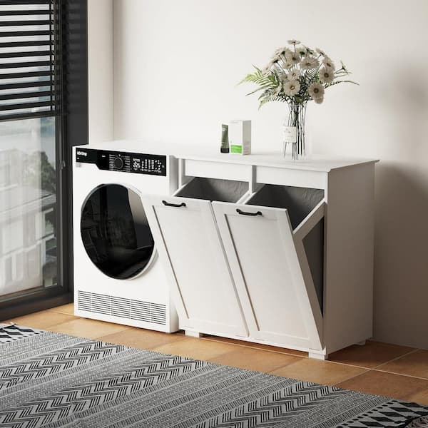 White MDF Modern Rectangle Laundry Room Hamper Dual Tilt Out Laundry Hamper Cabinet with 2 Removable Hamper Bags