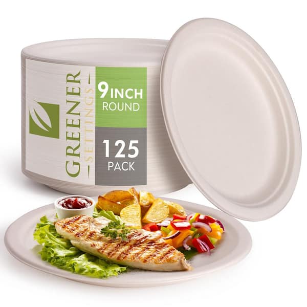 Comfy Package 100% Compostable 9 inch Heavy-Duty Plates [125 Pack] 3 Compartment Eco-Friendly Disposable Sugarcane Paper Plates