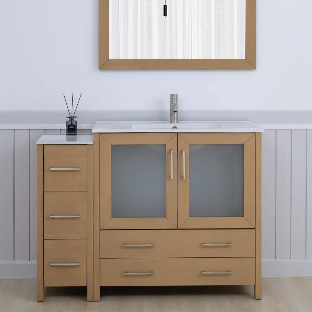 Natural Oak 48" Bathroom Vanity with White Ceramic Top and Mirror