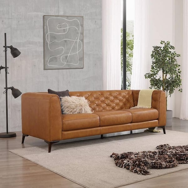 Yorlen Modern 90 in. W Square Arms Tufted Leather Upholstery Rectangle 3-Seats Sofa in Tan