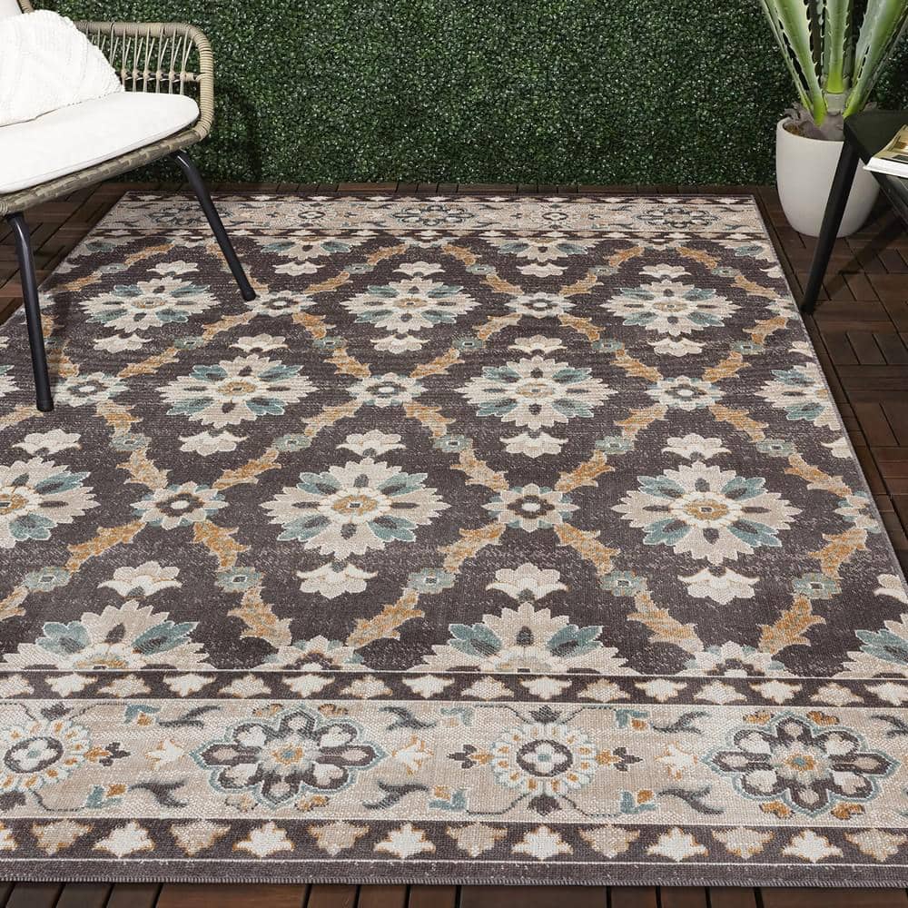Reversible Rectangular Blue Floral Easy-Care Synthetic Area Rug