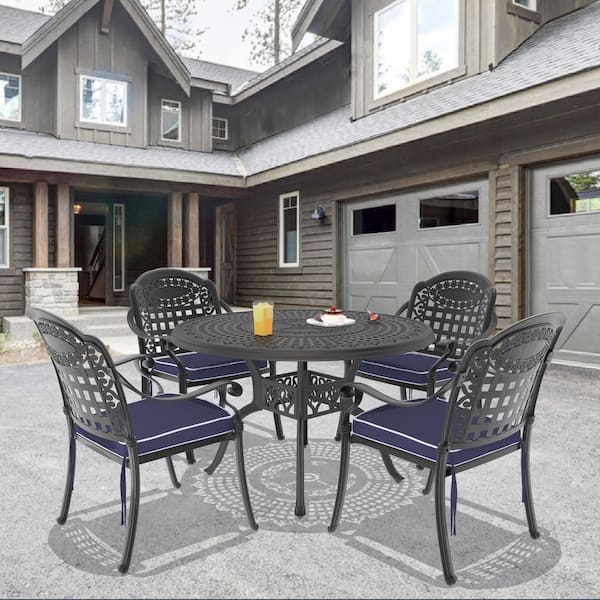 Isabella 5-Piece Cast Aluminum Outdoor Dining Set with 47.24 in. Round Table and Random Color Cushions