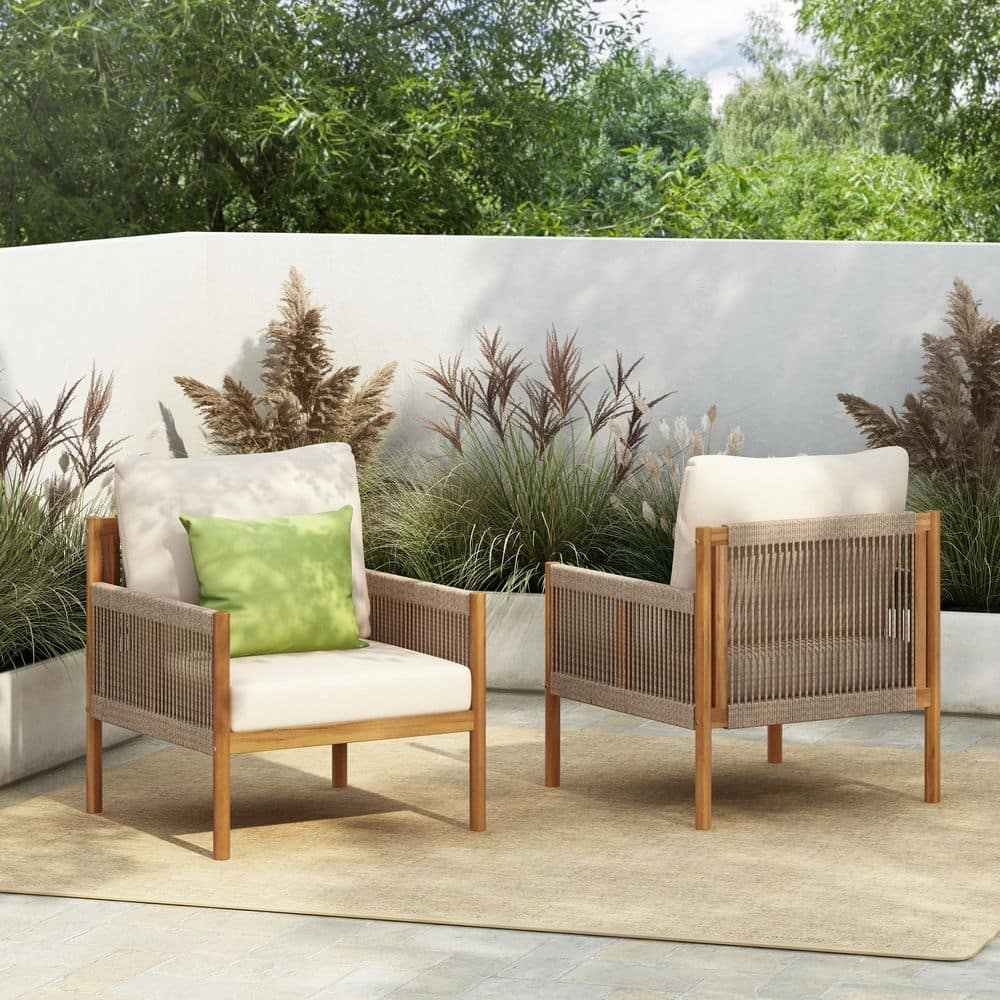 Echo Modern Patio Woven Rope and Solid Wood Outdoor Lounge Chairs with Beige Cushions, Teak, Set of 2 price history on PriceWatchPro