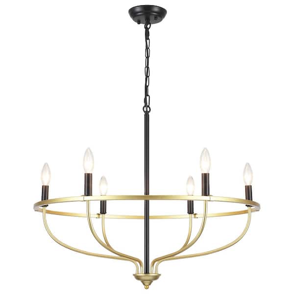 6-Light Black and Gold Traditional Circle Hanging Candlestick Linear Chandelier Lighting for Dining Room Kitchen Island