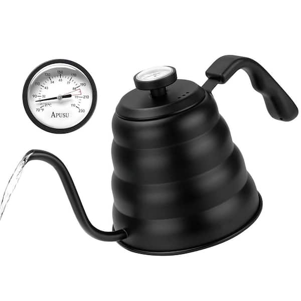 6-Cup Black Stainless Steel Stovetop Tea Kettle, Gooseneck Kettle with Thermometer, 40 oz. Pour Over Coffee Kettle