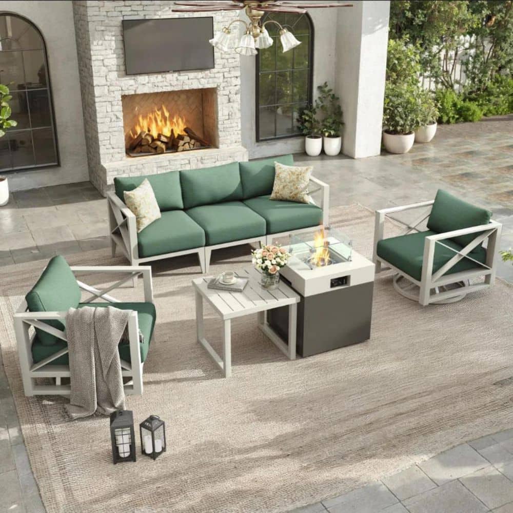 5-Outdoor Aluminum Conversation Set with Rotatable Chair and Fire Pit Table Cushion in Green Color price history on PriceWatchPro