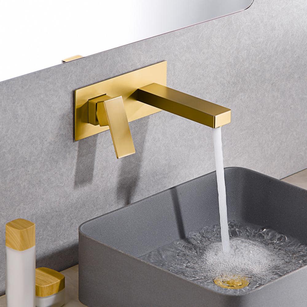 Brushed Gold Solid Brass Wall Mounted Single Handle Bathroom Faucet