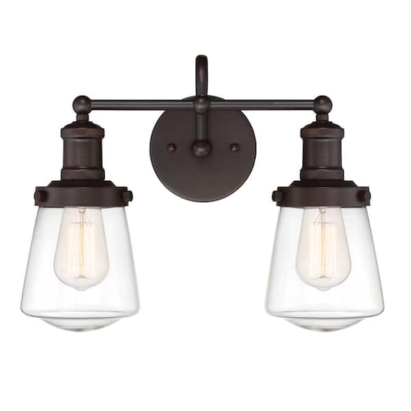Designers Fountain Taylor 15.25 in. 3-Light Satin Bronze Industrial Vanity Light with Clear Glass Shades