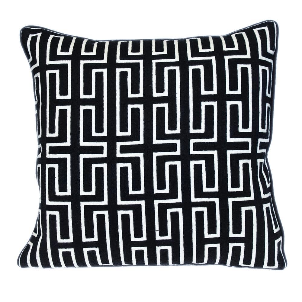 Black and White Geometric Embroidered Cotton Throw Pillow