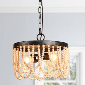Farmhouse 2-Light Black Wood Bead Chandelier with Adjustable Hanging Chain