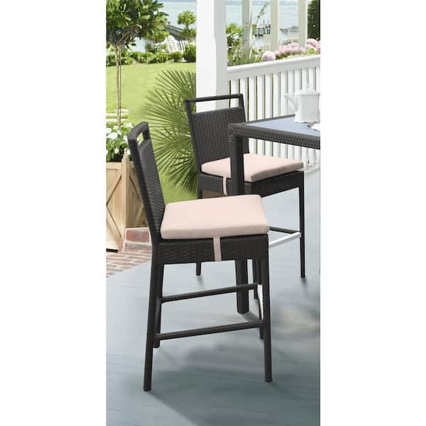 Armen Living Tropez Wicker Outdoor Bar Stool with Beige Cushion