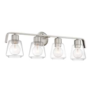 28.5 in. Riley 4-Light Satin Platinum Industrial Bathroom Vanity Light with Clear Glass Shades
