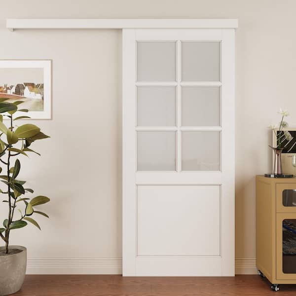 36 in. x 80 in. Hidden Track Style 6-Lite Frosted Glass Primed MDF Sliding Barn Door with Hardware Kit