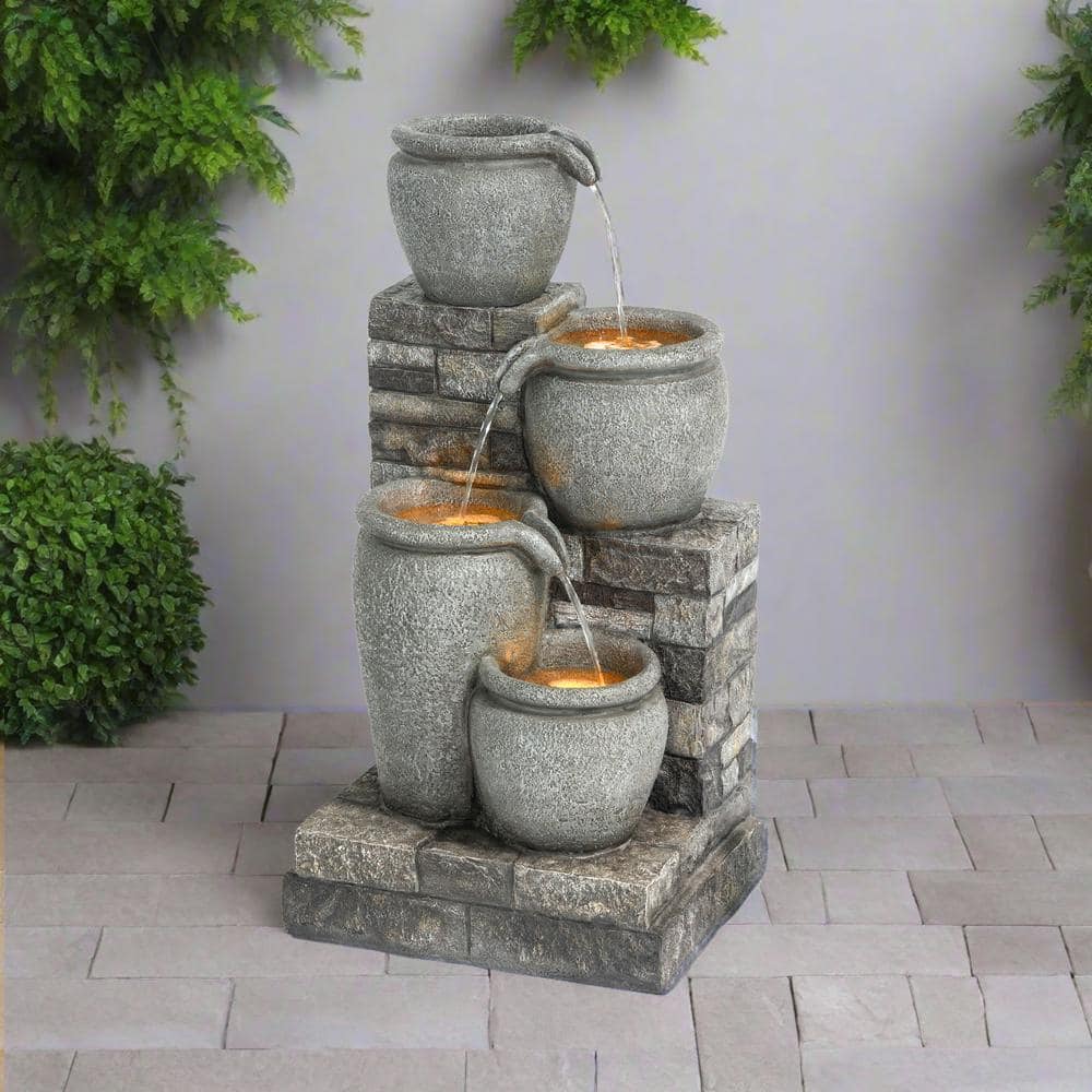 Gray Solar Powered 4-Tier Cascading Bowl Outdoor Water Fountain