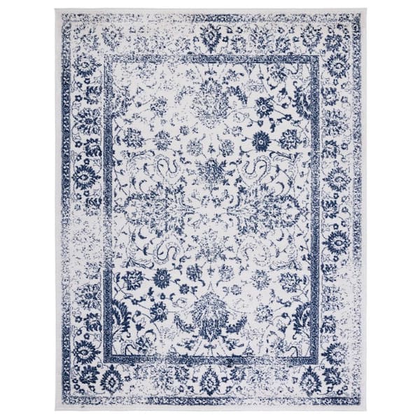 Adirondack Ivory/Navy 8 ft. x 10 ft. Border Distressed Area Rug