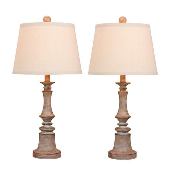 Pair of 26.5 in. Candlestick Resin Table Lamps in a Cottage Weathered Gray