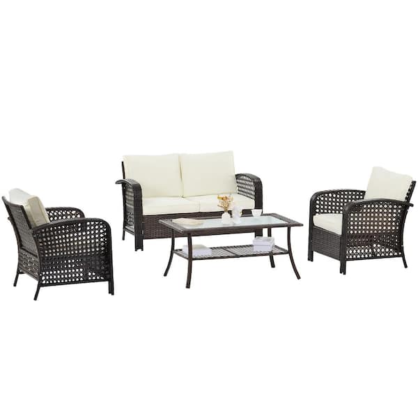 waelph 4-Piece Brown Wicker Patio Conversation Seating Set with Coffee Table and Beige Cushions
