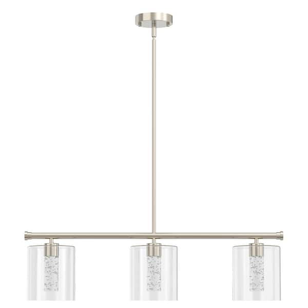 3-Light Brushed Nickel Modern Kitchen Island Integrated LED Pendant Light fixtures, Linear Chandelier with Clear Glass