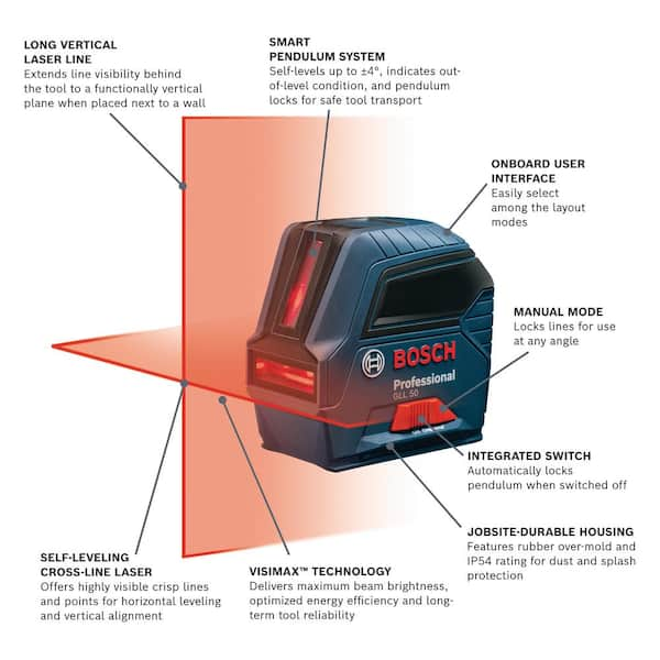 50 ft. Cross Line Laser Level Self Leveling with VisiMax Technology, L-Bracket Adjustable Mount and Hard Carrying Case