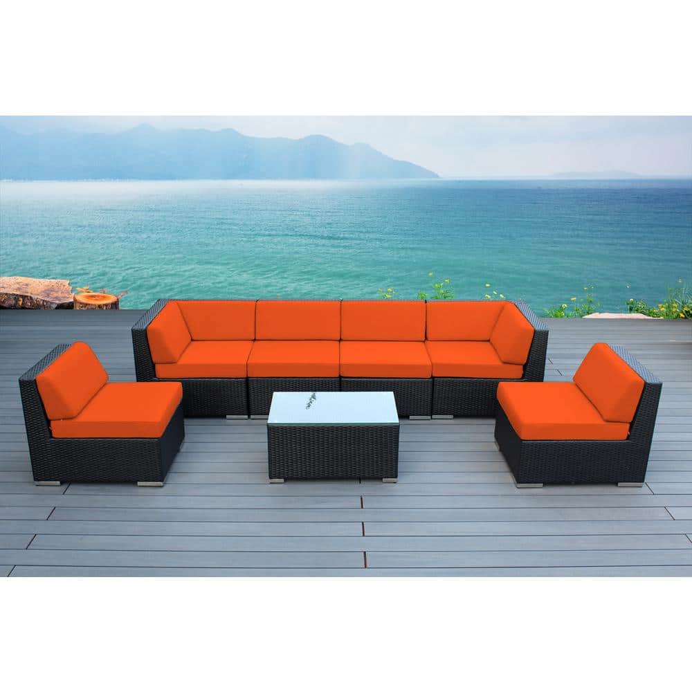 Ohana Depot Ohana Black 7 Piece Wicker Patio Seating Set with Supercrylic Orange Cushions PN7037 OR The Home Depot