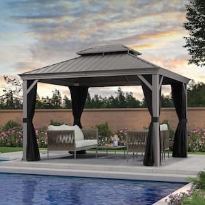 10 ft. x 12 ft. Light Gray Patio Outdoor Gazebo for Backyard Hardtop Galvanized Steel Frame with Upgrade Curtain