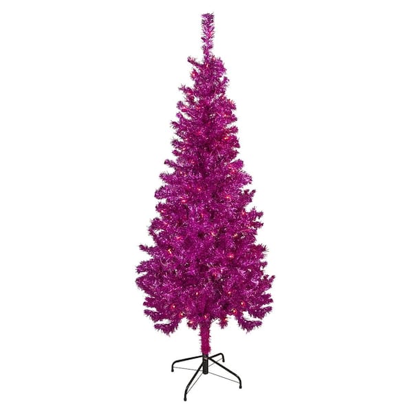 Northlight 4 ft. Pink Pre-Lit Tinsel Artificial Christmas Tree with 70 Clear Lights