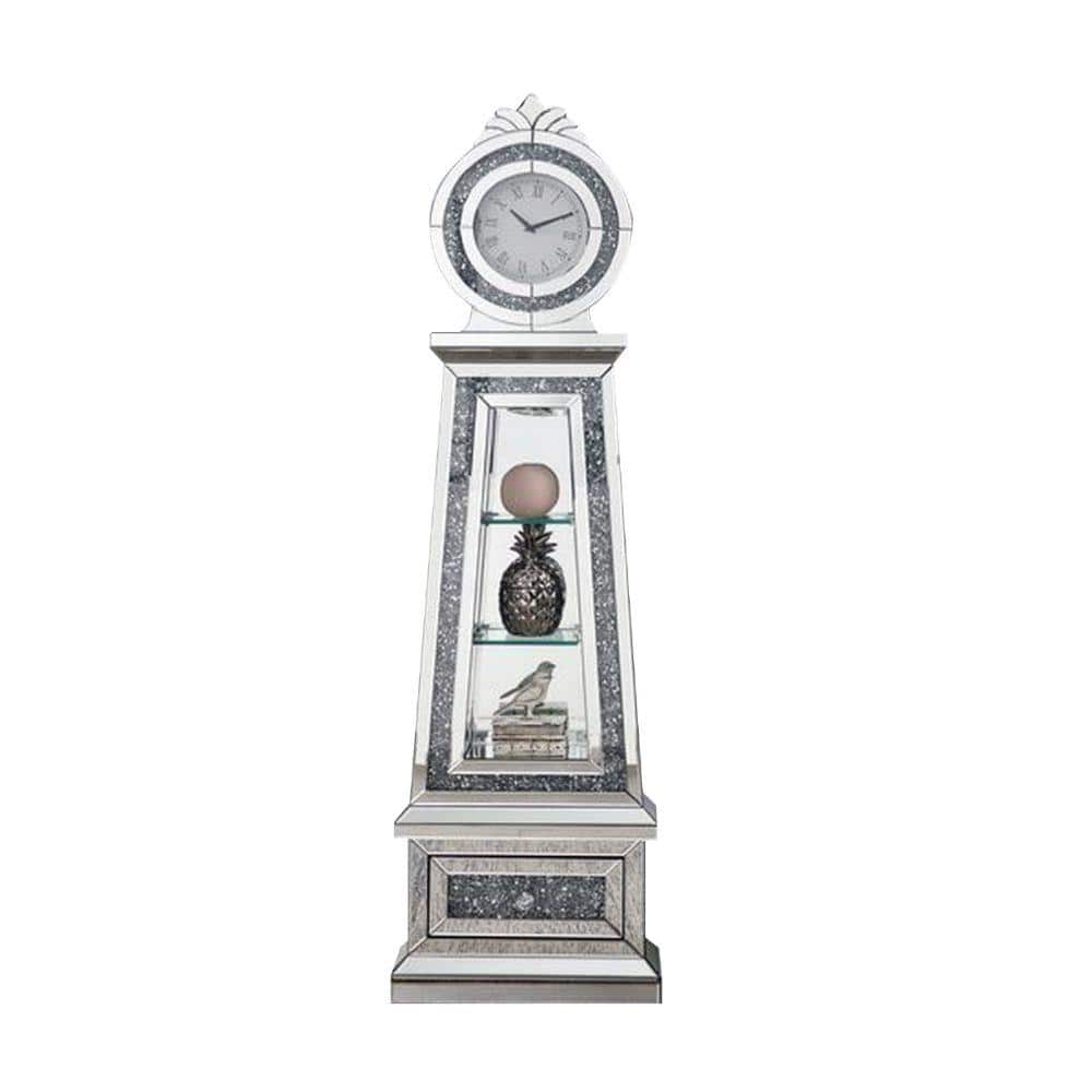 Benjara Silver Mirrored Grandfather Clock with 3-Open Compartments BM269090  - The Home Depot