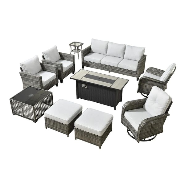 Scarlet 10-Piece Wicker Outdoor Fire Pit Patio Conversation Sofa Set with Swivel Chairs, a Table and Light Grey Cushions