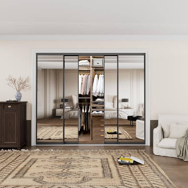 96 in. x 80 in. 1-Lite Black Mirrored Glass and Aluminum Frame Finished Closet Sliding Door with Hardware Kit