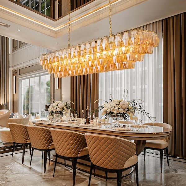 Modern Chandelier 54 in. 19-Lights Linear Gold Chandelier With Smoky Glass, Chandelier for Dining Room, Living Room