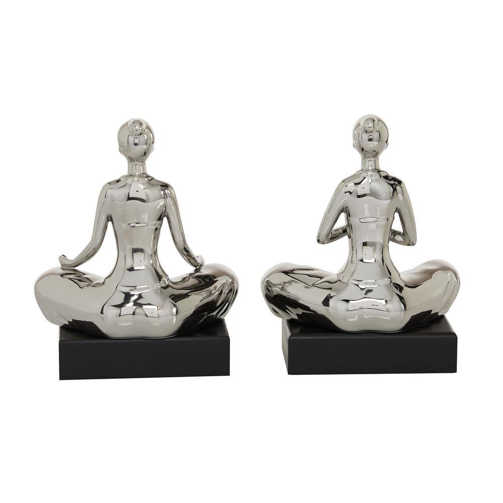 Silver Porcelain Yoga Statue Set with Black Base